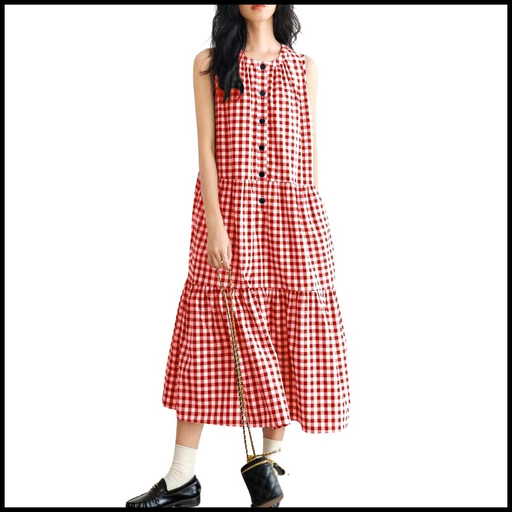 Cotton Linen A-Line Tiered Midi Dress with Pockets, Sleeveless Beach Dress